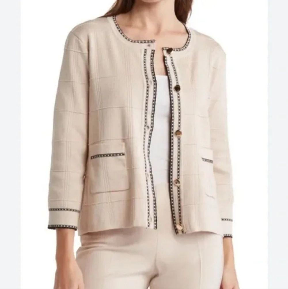 Adrianna Papell "Button Front Tipped Cardigan" Tan Black | Women's Size S